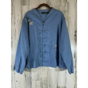 Relativity Woman Asian Style Jacket Size 2x Floral Embroidered Linen Button Down
